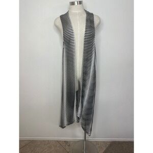 Cejon Women's Duster Sleeveless Cardigan OSFM Black White Stripe Knit Coverup